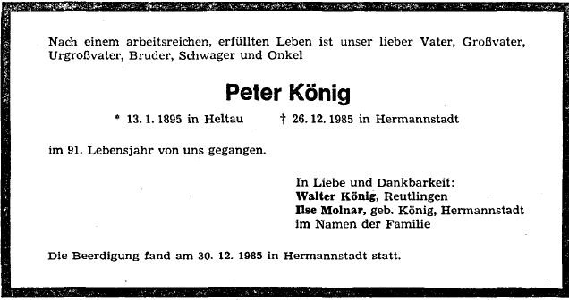 Koenig Peter 1895-1985 Todesanzeige